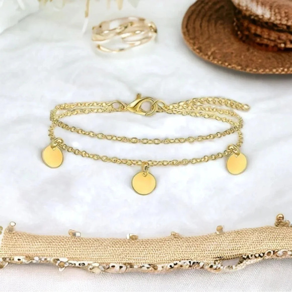 Gold Circle Charm Anklet Bracelet - Picture 1 of 4